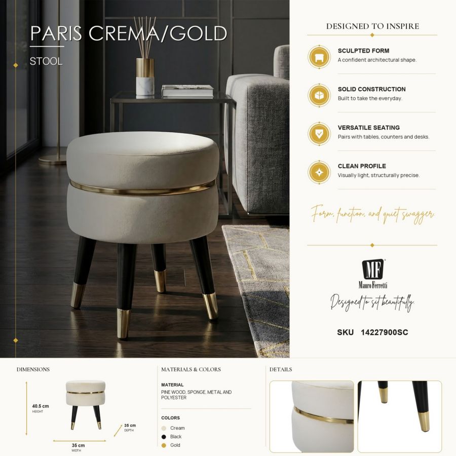 Mauro Ferretti Sgabello Paris Crema/gold Ø 35 x 40,5 cm