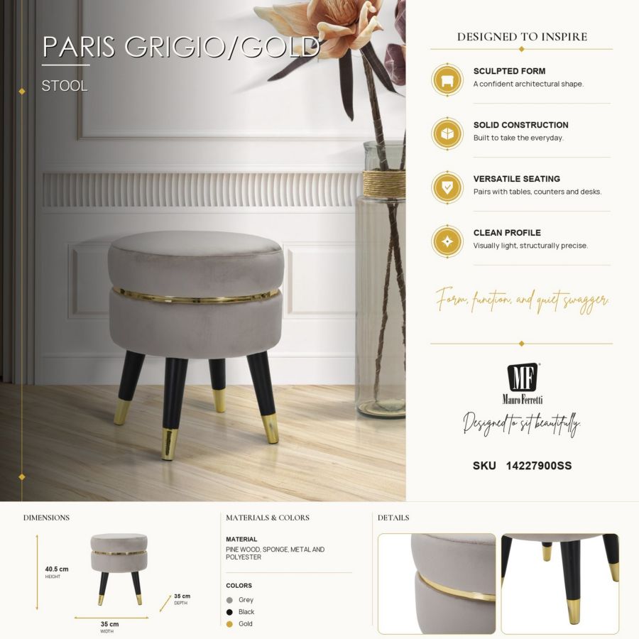 Mauro Ferretti Sgabello Paris Grigio/gold Ø 35 x 40,5 cm