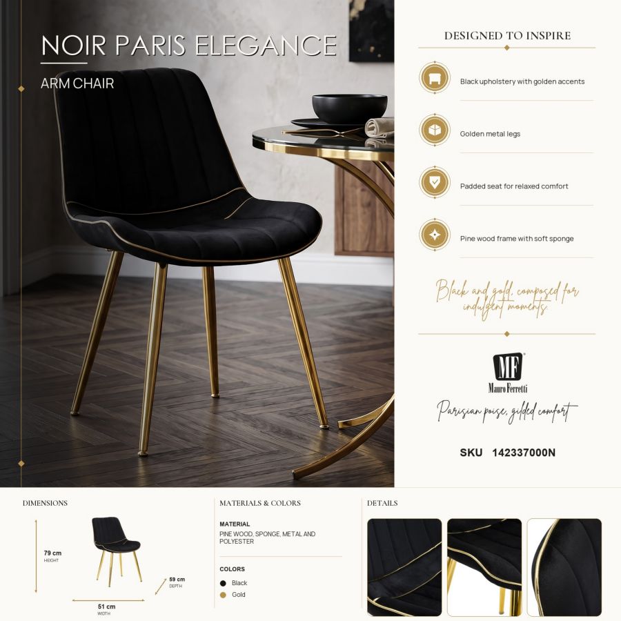Mauro Ferretti Sedia Paris Nera/gold Set 2 pz 51 x 59 x 79 cm
