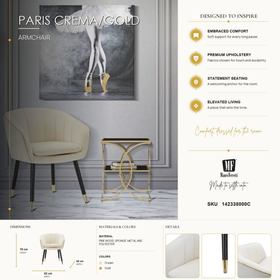 Mauro Ferretti Poltrona Paris Crema/gold 62 x 58 x 78 cm