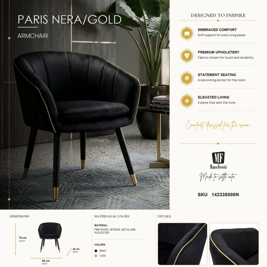 Mauro Ferretti Poltrona Paris Nera/gold 62 x 58 x 78 cm