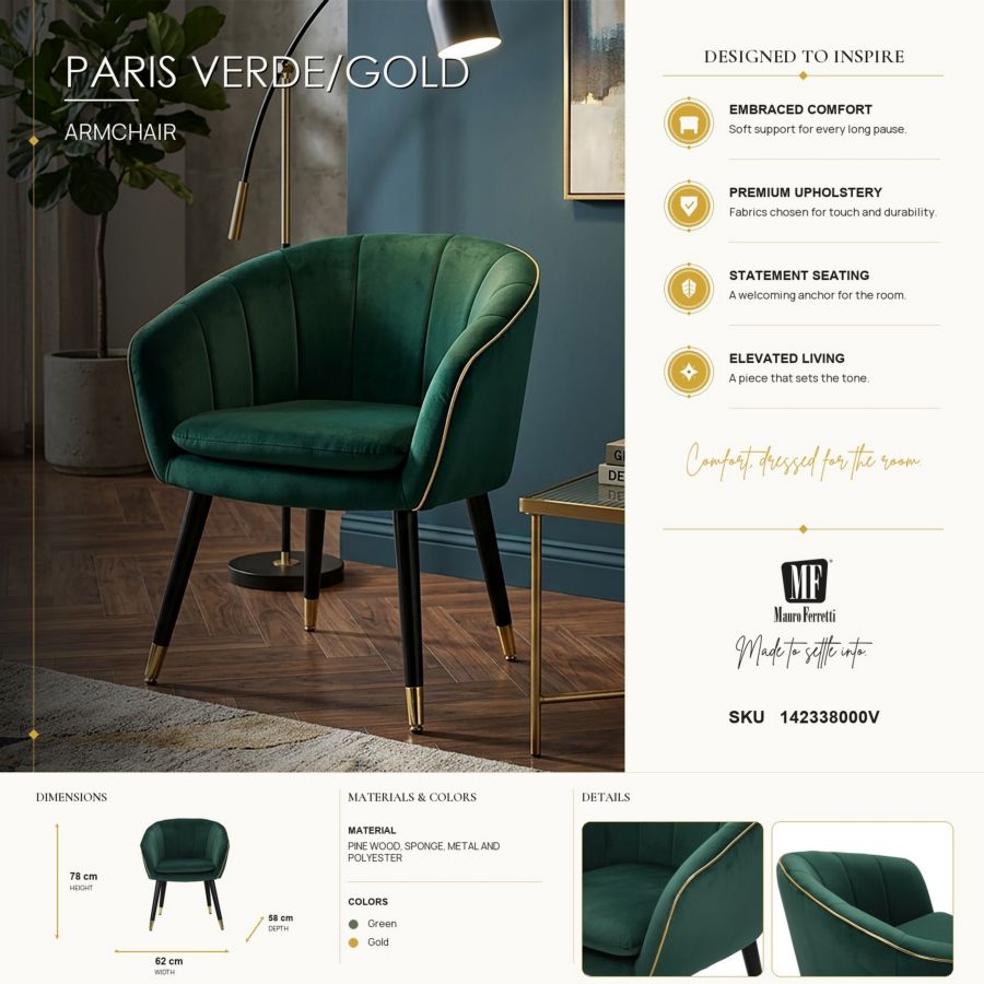 Mauro Ferretti Poltrona Paris Verde/gold 62 x 58 x 78 cm