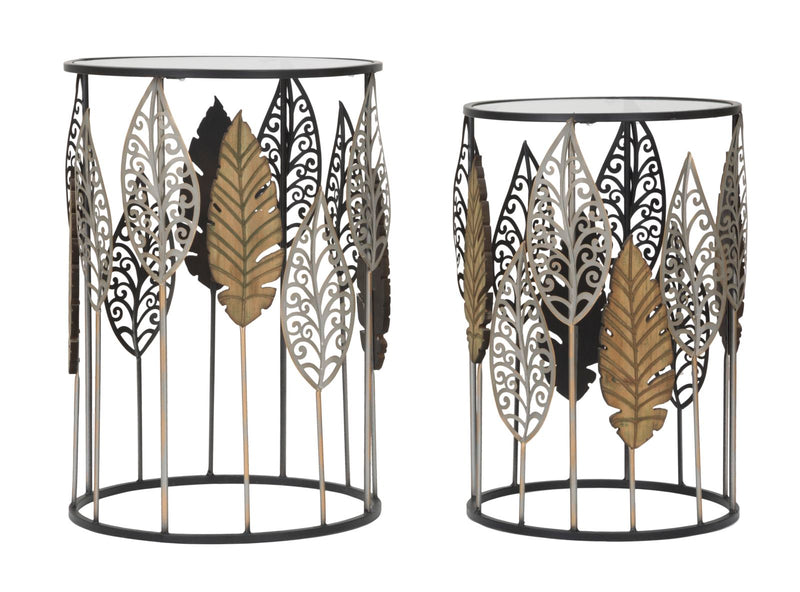 Mauro Ferretti Tavolinetti in Ferro e Legno Foglie Coppia 38 x 55-33 x 50 cm