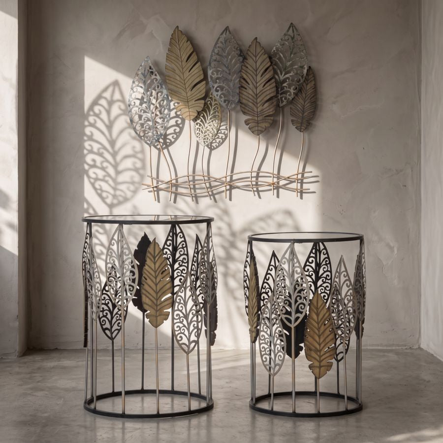 Mauro Ferretti Tavolinetti in Ferro e Legno Foglie Coppia 38 x 55-33 x 50 cm