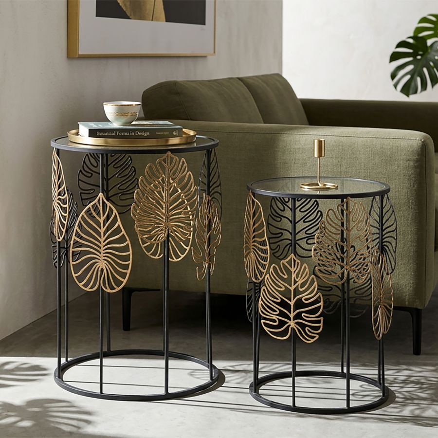 Mauro Ferretti Tavolinetti Foglie Glam Coppia Ø 38 x 55-33 x 50 cm