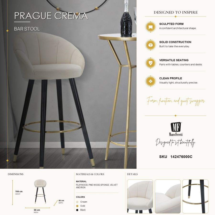 Mauro Ferretti Sgabello Bar Prague Crema 55 x 56 x 104 cm (altezza Seduta 80)