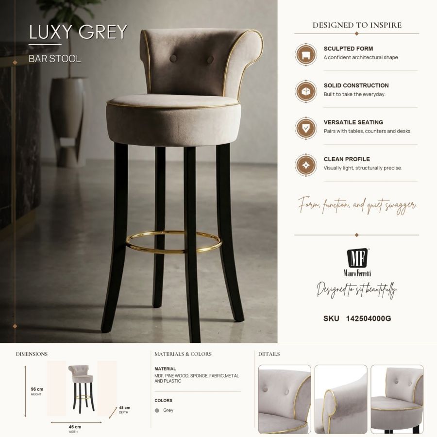 Mauro Ferretti Sgabello Bar Luxy Grigio 46 x 48 x 96 cm (altezza Seduta 75)