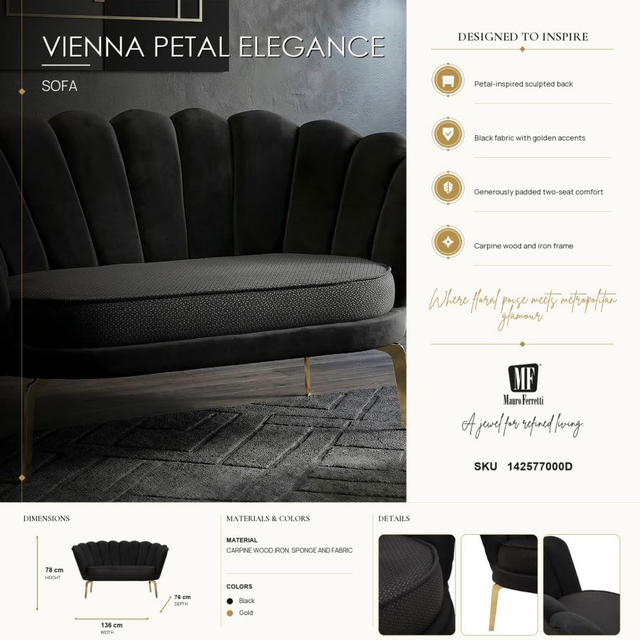 Mauro Ferretti Divano Vienna Plus Nero 136 x 76 x 78 cm