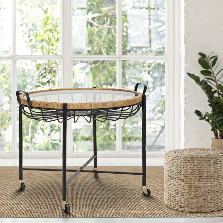 Mauro Ferretti Tavolinetto Cebu con Vetro e Ruote 70,5 x 65 x 57 cm