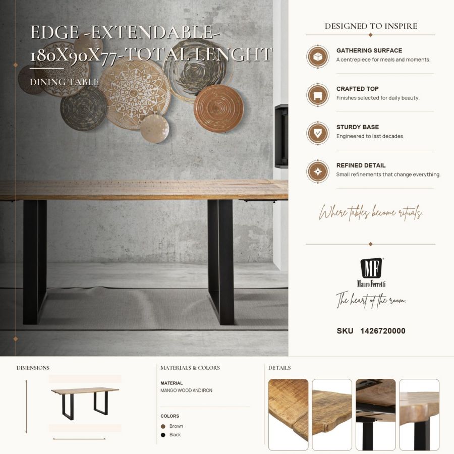 Mauro Ferretti Tavolo da Pranzo Edge All. 180 x 90 x 77-lunghezza Totale 280 cm (legno di Mango)