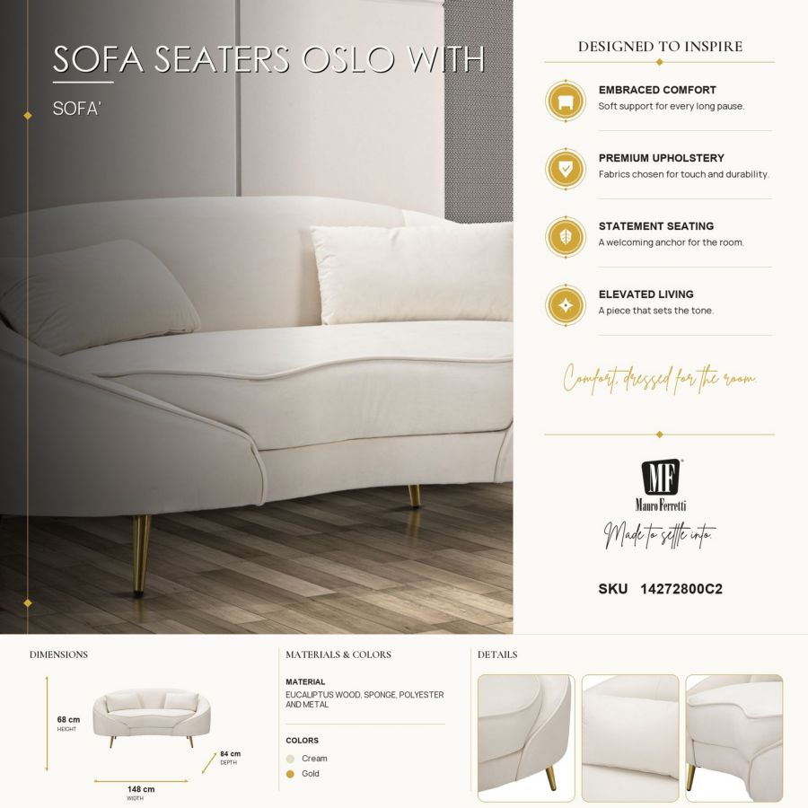 Mauro Ferretti Divanetto 2 Posti Oslo con Cuscini Crema 148 x 84 x 68 cm