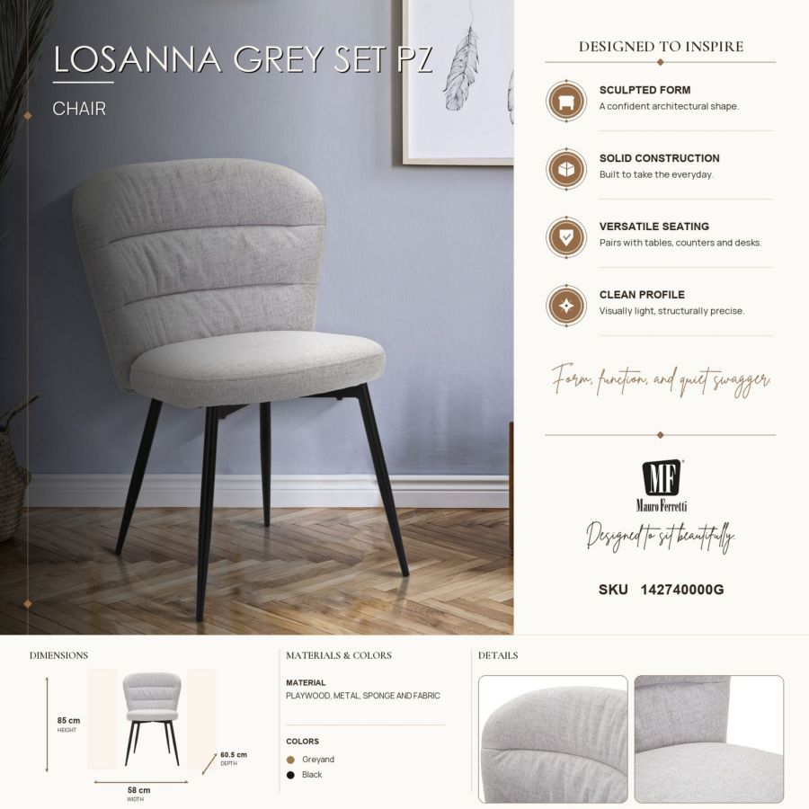 Mauro Ferretti Sedia Losanna Grigia Set 2 pz 58 x 60,5 x 85 cm