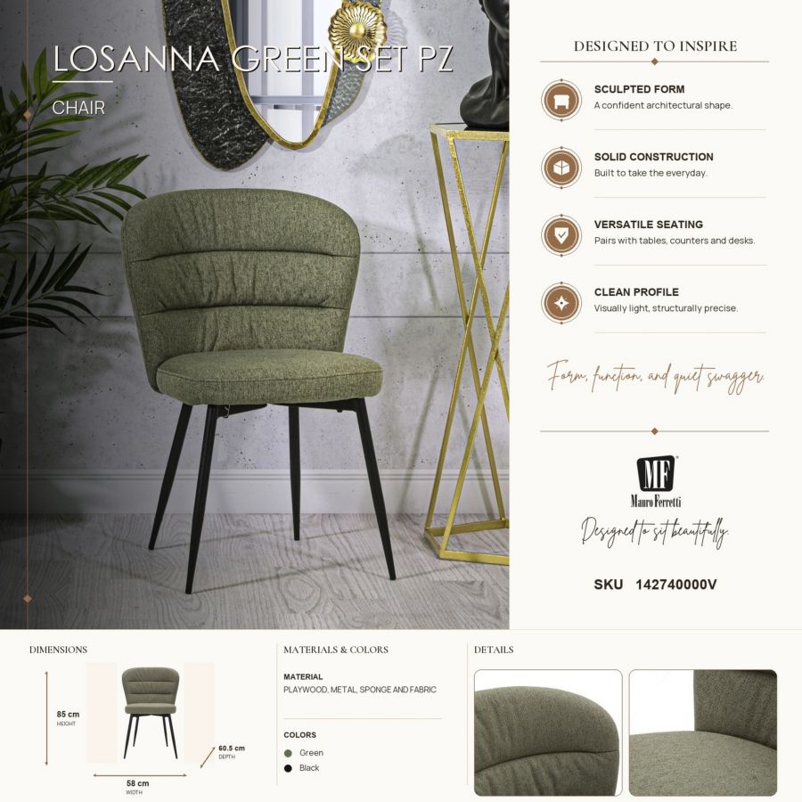Mauro Ferretti Sedia Losanna Verde Set 2 pz 58 x 60,5 x 85 cm
