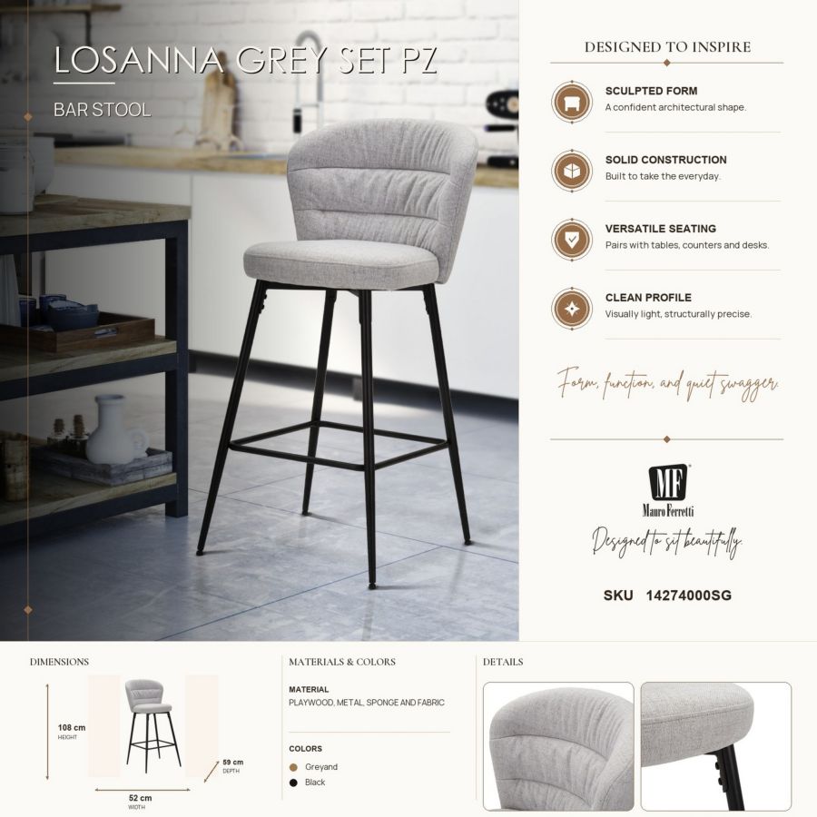 Mauro Ferretti Sgabello Bar Losanna Grigio Set 2 pz 52 x 59 x 108 cm