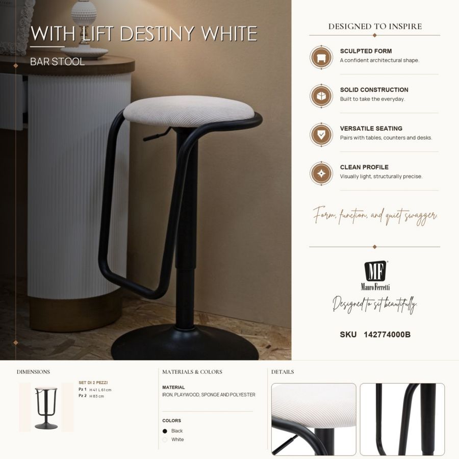 Mauro Ferretti Sgabello Bar Destiny Bianco Ø 41 x 61-83 cm