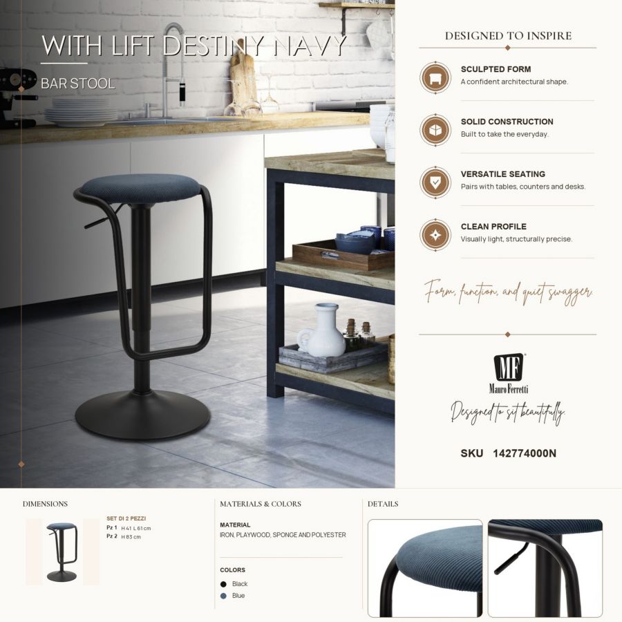 Mauro Ferretti Sgabello Bar Destiny Navy Ø 41 x 61-83 cm