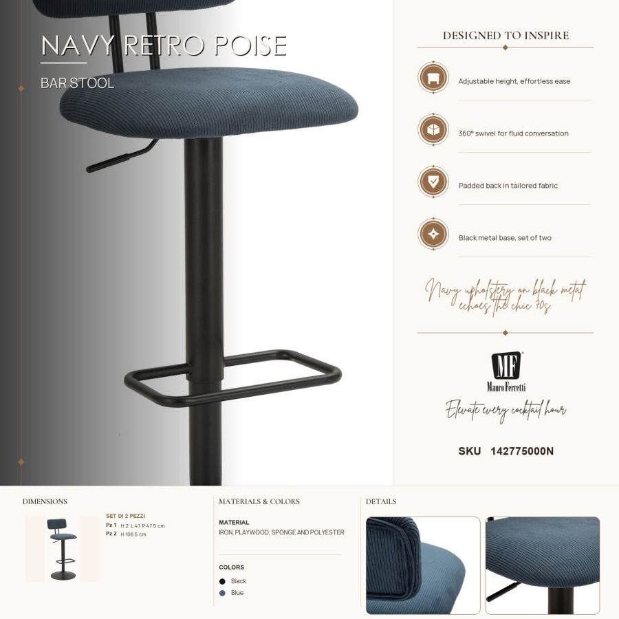 Mauro Ferretti Sgabello Bar Light Navy 41 x 47,5 x 85-106,5 cm (seduta 61-83) Set 2 pz
