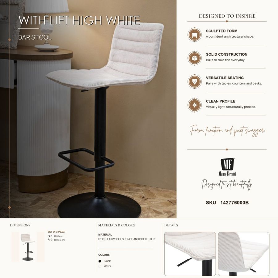 Mauro Ferretti Sgabello Bar High Bianco 43 x 49,5 x 85,5-107 cm (seduta 61-82,5) Set 2 pz