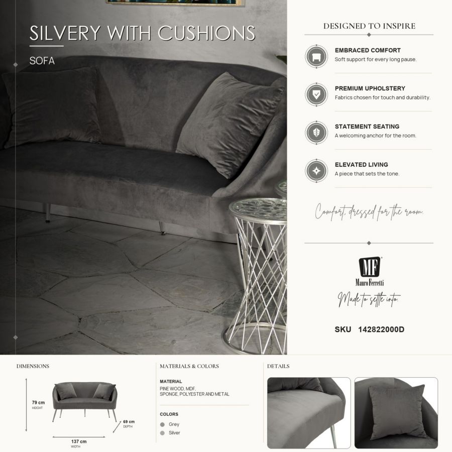 Divanetto silvery c/cuscini cm 137x69x79
