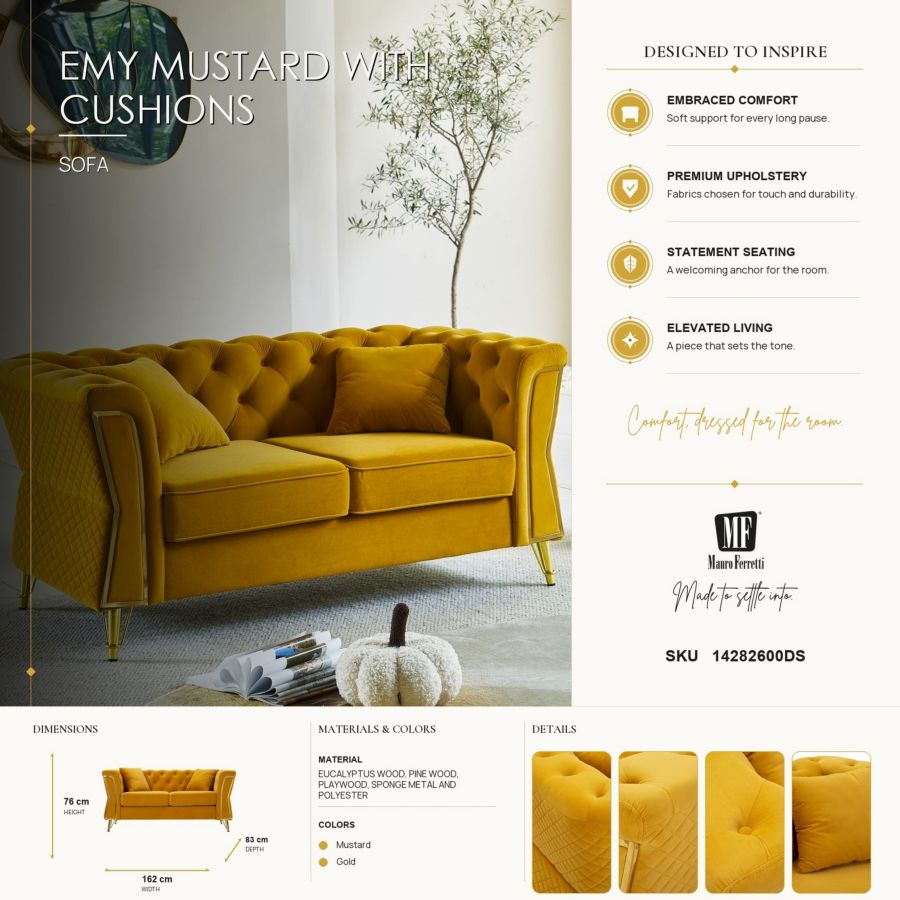 Divano emy senape c/cuscini cm 162x83x76