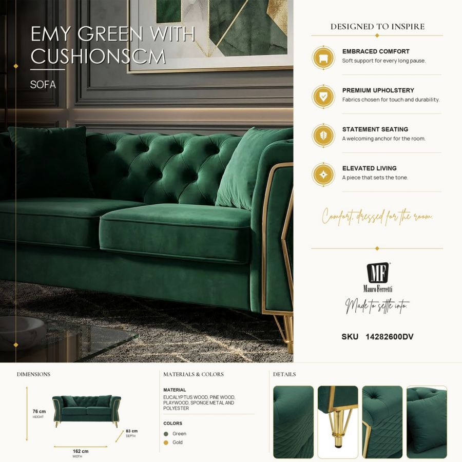 Divano emy verde c/cuscini cm 162x83x76