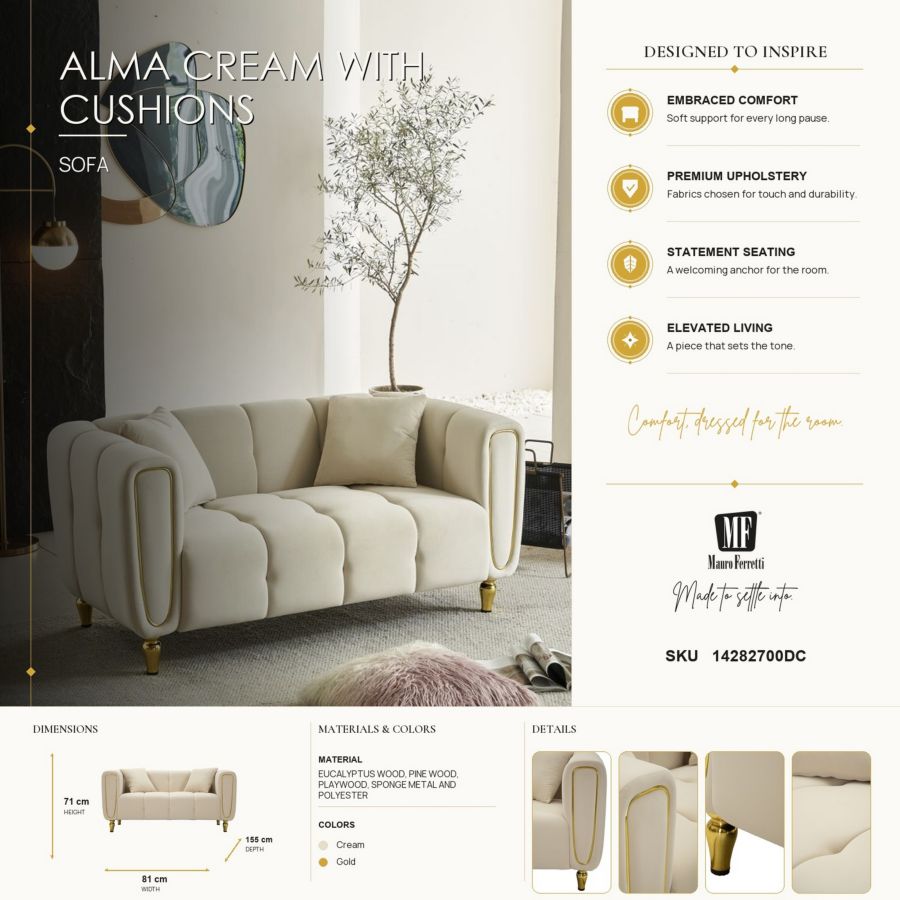 Divano alma crema c/cuscini cm 155x81x71