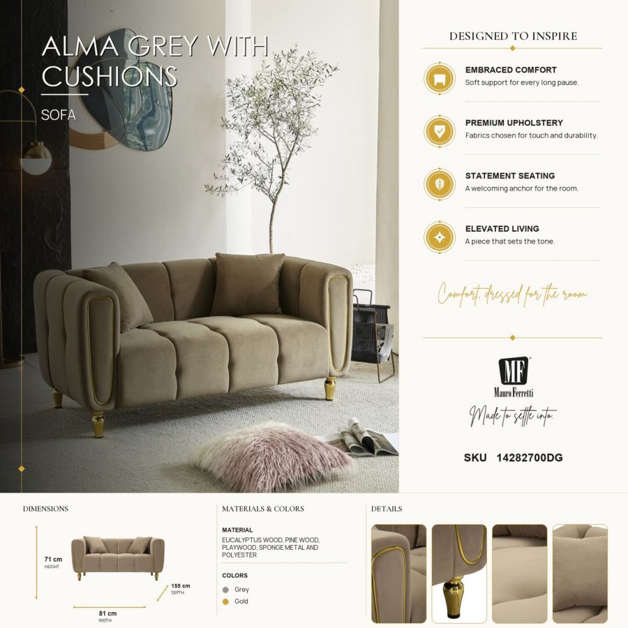 Divano alma grigio c/cuscini cm 155x81x71