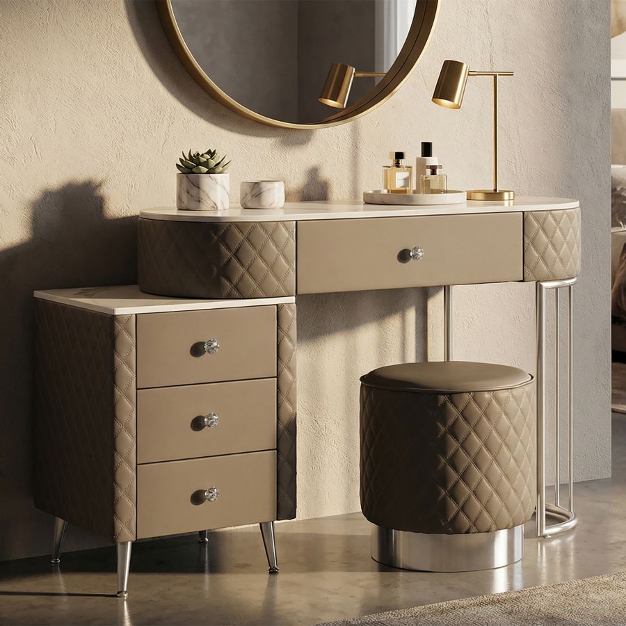Toeletta sharon grigia c/puff gambe argento cm 120x40x75 (misura puff ø36x39)