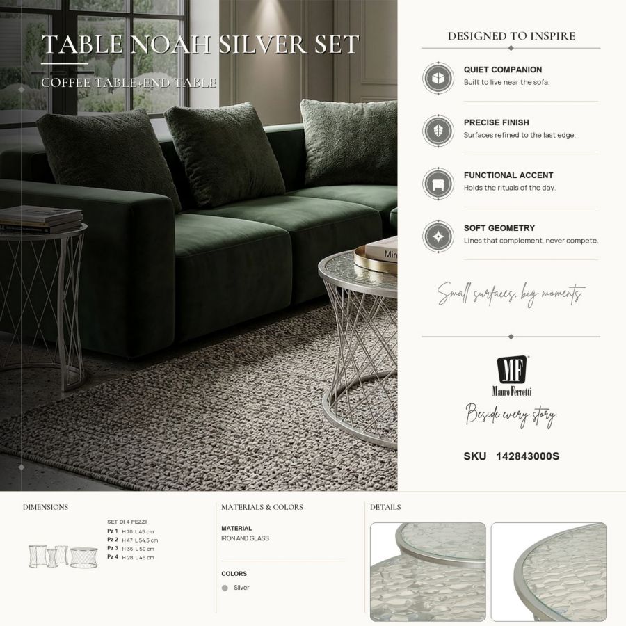 Tavolinetti noah silver set 4 pz cm ø 70x45-47x54,5-36x50-28x45