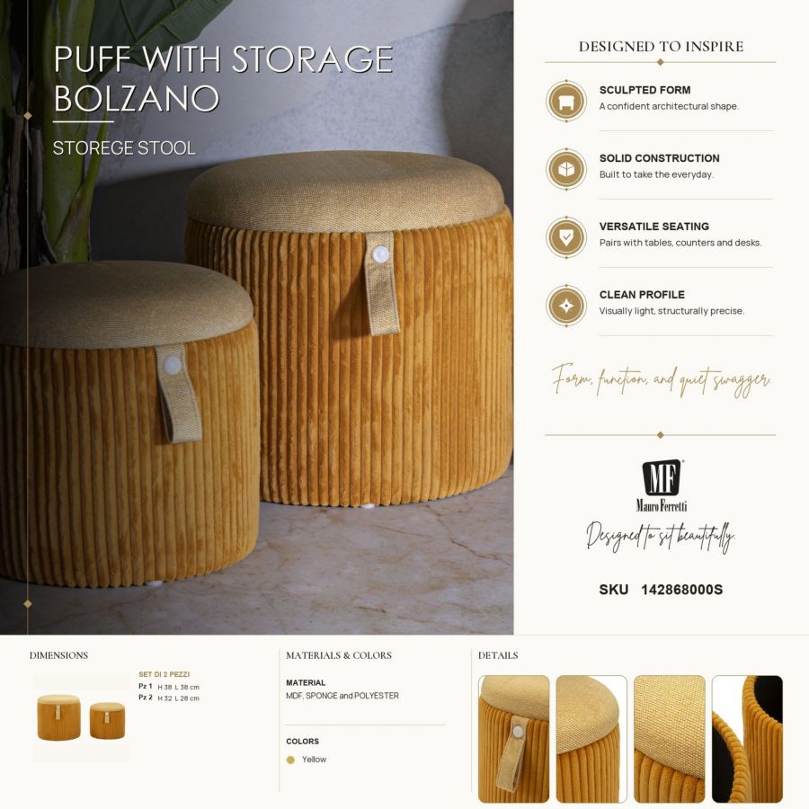 Puff c/contenitore bolzano senape set 2 pz cm ø 38x38-32x28
