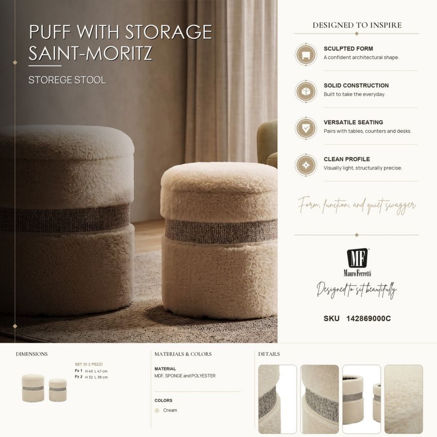 Puff c/contenitore saint-moritz crema set 2 pz cm ø 40x47-32x38
