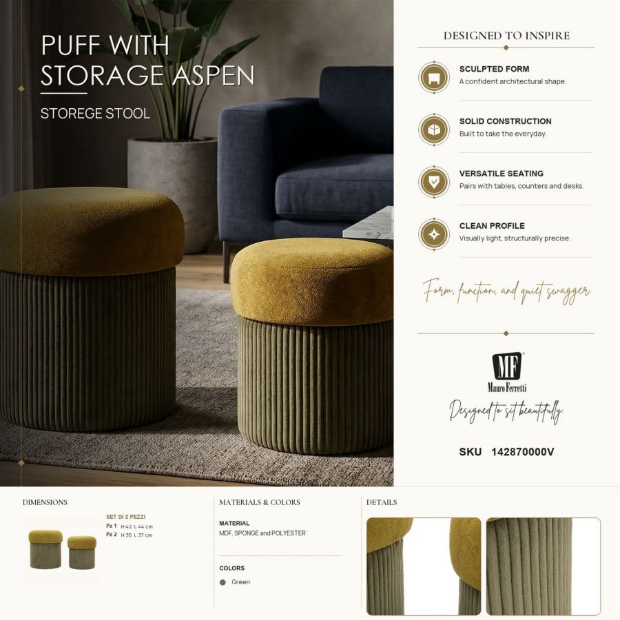 Puff c/contenitore aspen verde set 2 pz cm ø 42x44-35x37