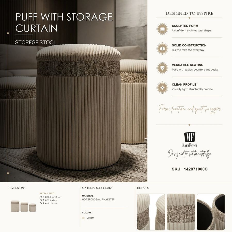 Puff c/contenitore cortina crema set 3 pz cm ø 40,5x49,5-35x42-31x38