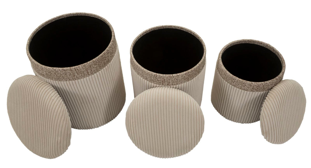 Puff c/contenitore cortina crema set 3 pz cm ø 40,5x49,5-35x42-31x38