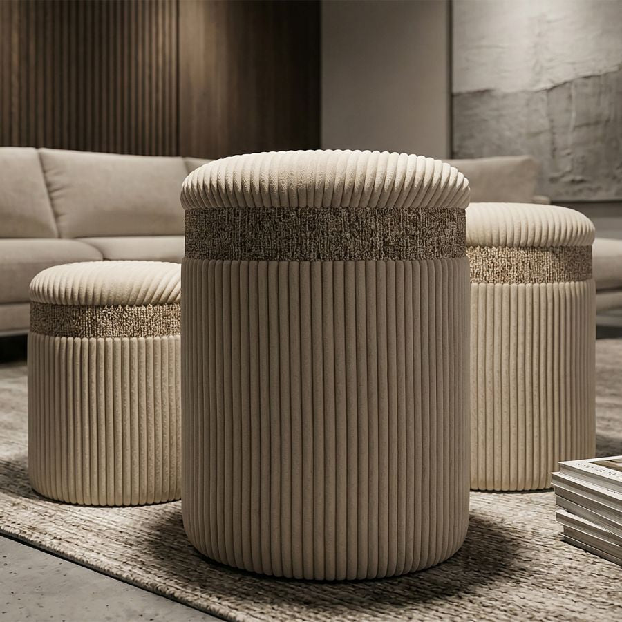 Puff c/contenitore cortina crema set 3 pz cm ø 40,5x49,5-35x42-31x38