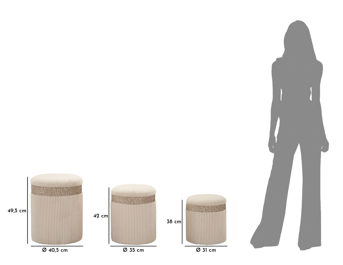 Puff c/contenitore cortina crema set 3 pz cm ø 40,5x49,5-35x42-31x38