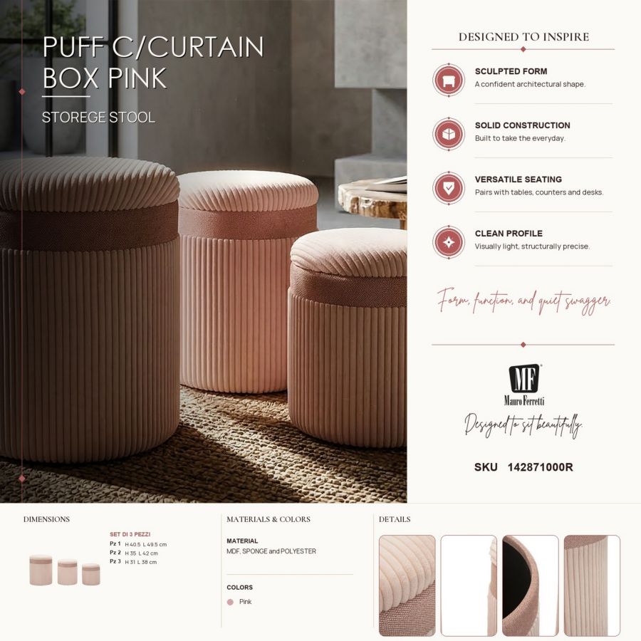 Puff c/contenitore cortina rosa set 3 pz cm ø 40,5x49,5-35x42-31x38