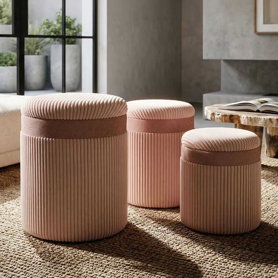 Puff c/contenitore cortina rosa set 3 pz cm ø 40,5x49,5-35x42-31x38