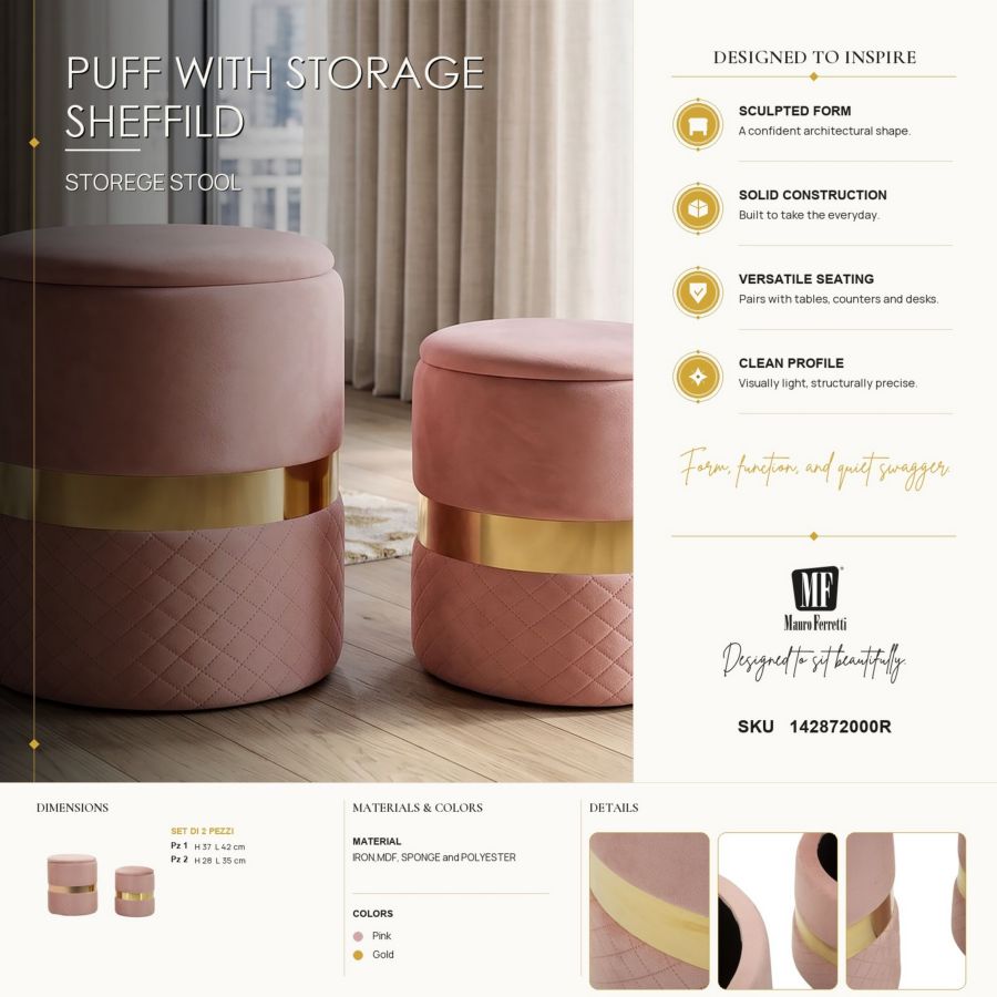 Puff c/contenitore sheffild rosa set 2 pz cm ø 37x42-28x35
