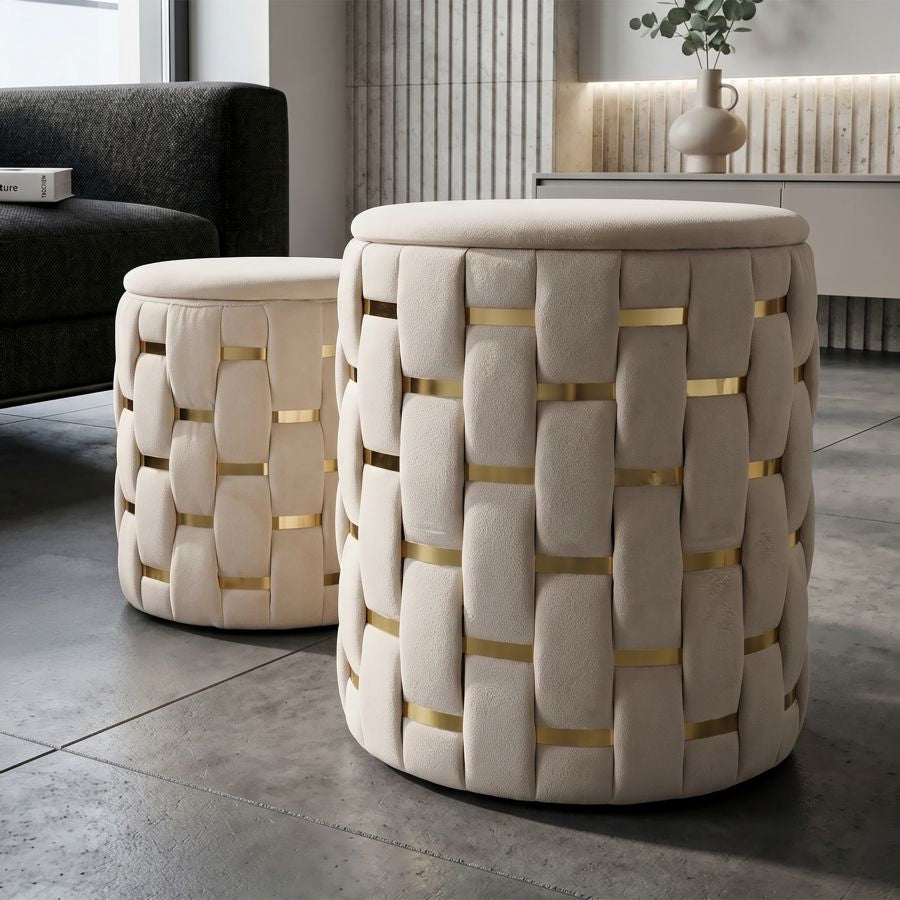 Puff c/contenitore shanty crema set 2 pz cm ø 37x42-28x35