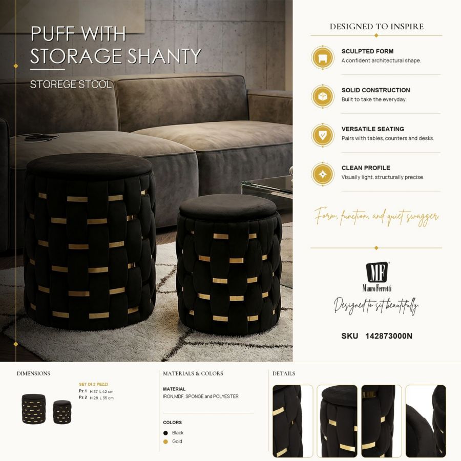Puff c/contenitore shanty nero set 2 pz cm ø 37x42-28x35