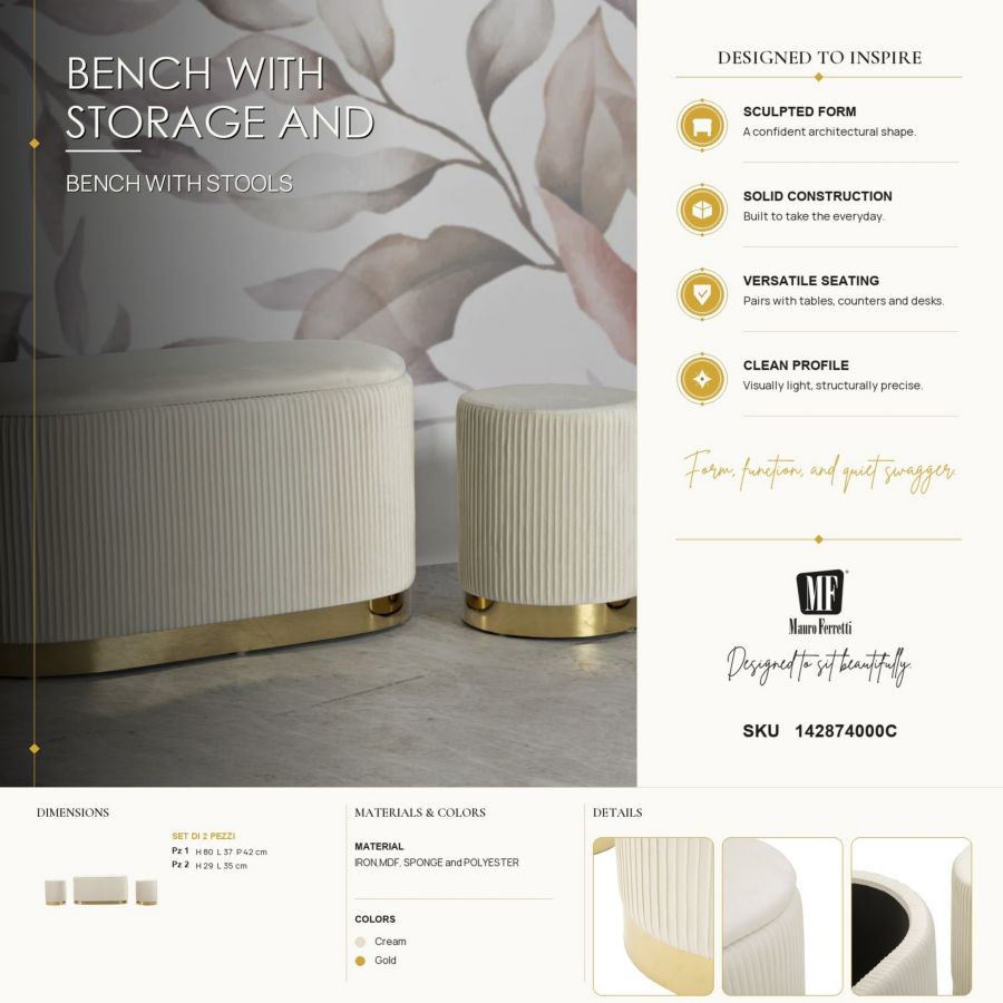 Panca c/contenitore e sgabelli shopy crema set 3 pz cm 80x37x42-29x35