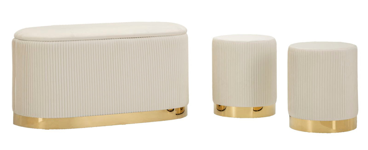 Panca c/contenitore e sgabelli shopy crema set 3 pz cm 80x37x42-29x35