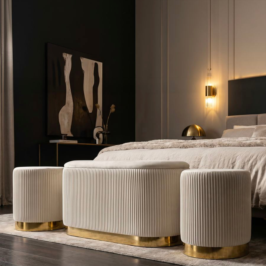 Panca c/contenitore e sgabelli shopy crema set 3 pz cm 80x37x42-29x35
