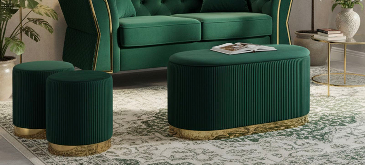 Panca c/contenitore e sgabelli shopy verde set 3 pz cm 80x37x42-29x35