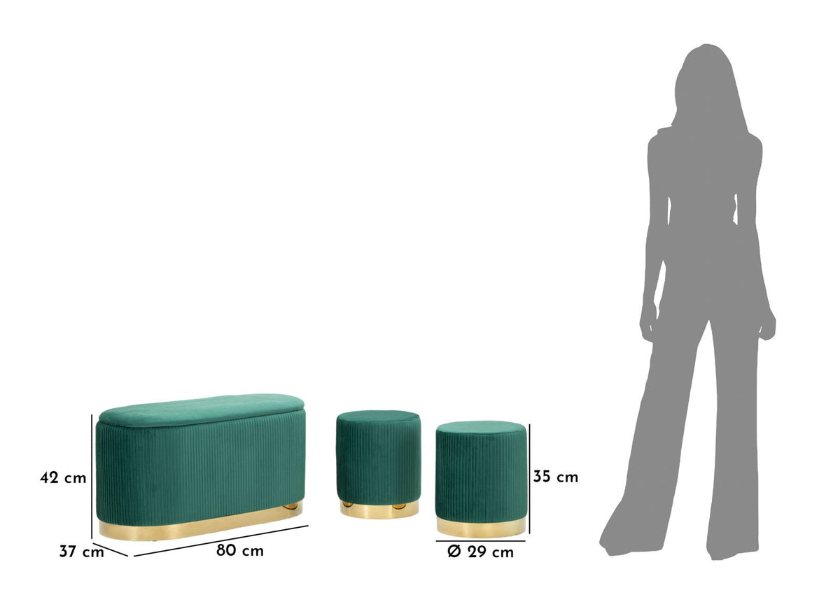 Panca c/contenitore e sgabelli shopy verde set 3 pz cm 80x37x42-29x35