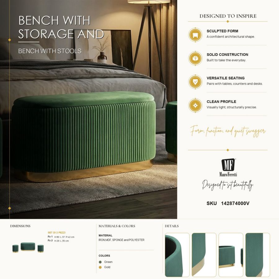 Panca c/contenitore e sgabelli shopy verde set 3 pz cm 80x37x42-29x35