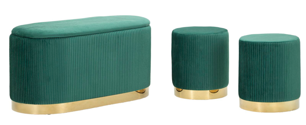 Panca c/contenitore e sgabelli shopy verde set 3 pz cm 80x37x42-29x35