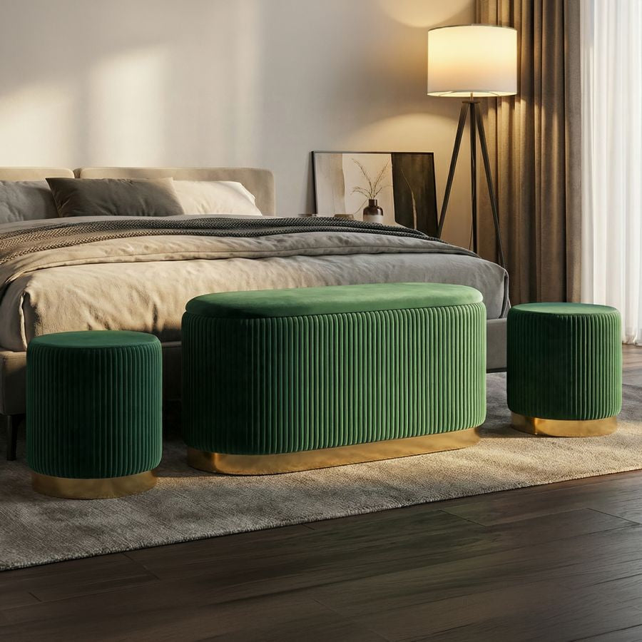 Panca c/contenitore e sgabelli shopy verde set 3 pz cm 80x37x42-29x35