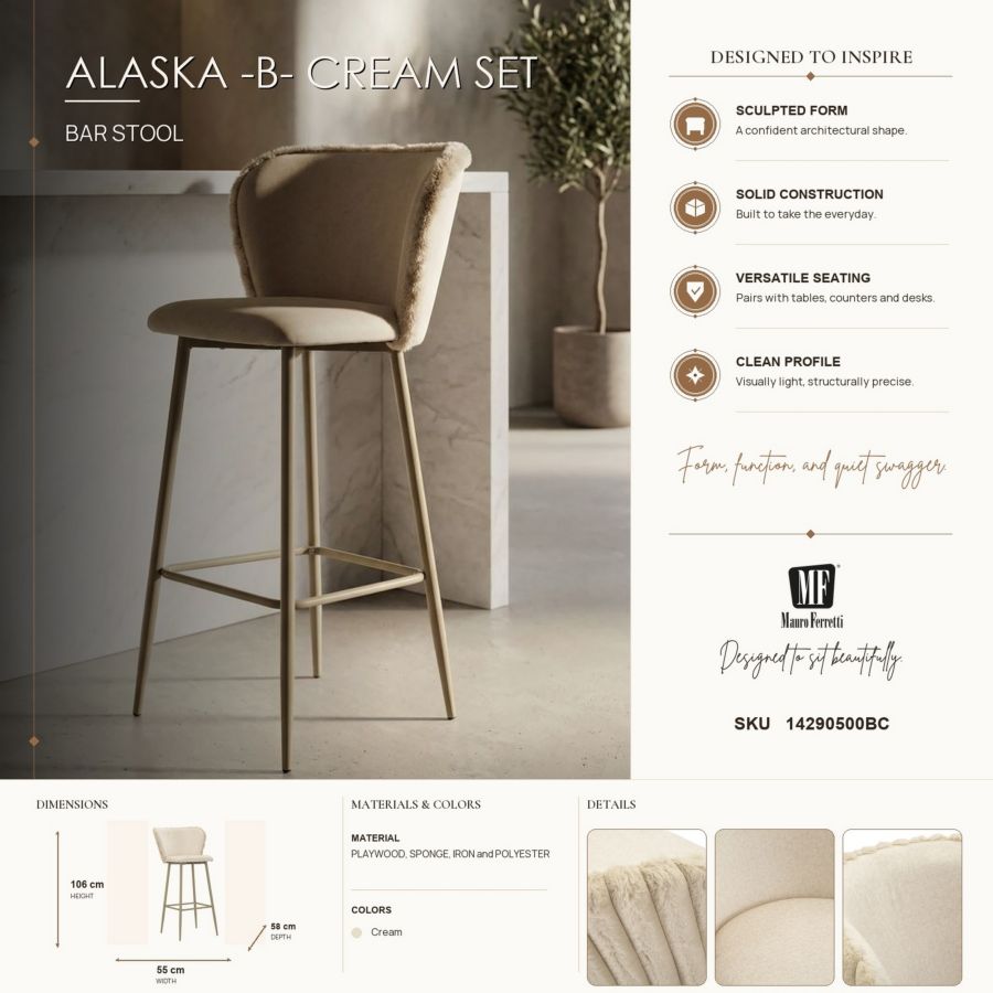 Mauro Ferretti Sgabello Bar Alaska -b- Crema Set 2 pz 55 x 58 x 106 cm (altezza Seduta 77)